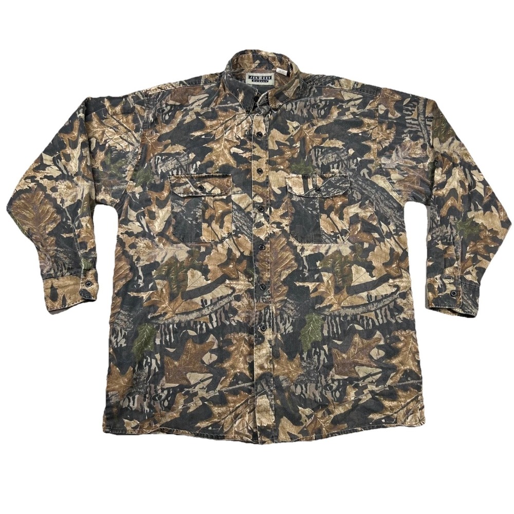 Vintage Jerzees Shirt Mens L Button Down Camouflage Hunting Mossy Oak 90s USA